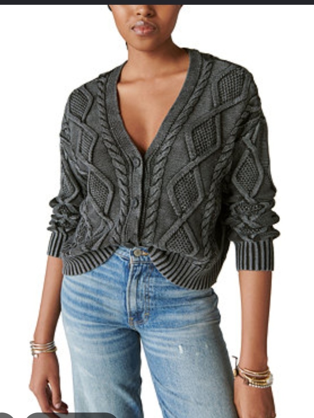 Lucky Brand Charcoal Gray Cable Knit V-Neck Cardigan Size XL